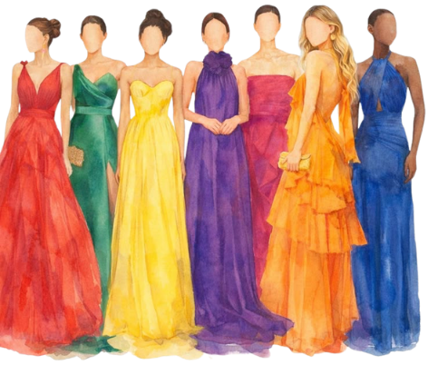 Croqui das madrinhas com vestidos longos coloridos
